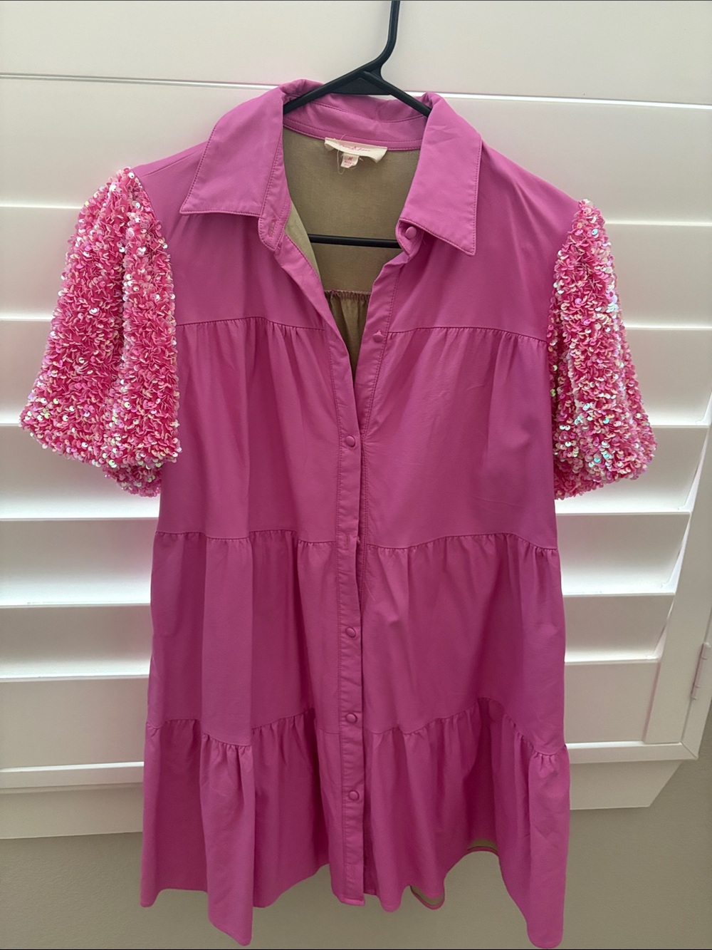 Peach Love California Bright Pink Tiered Button Dress with Textured Puff Sleeves